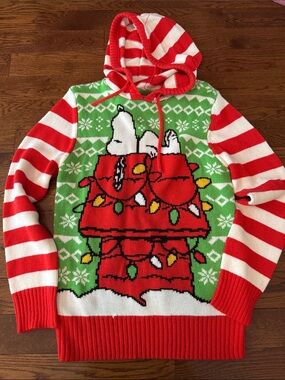 Peanuts Red & White Striped Holiday Hoodie Sweater